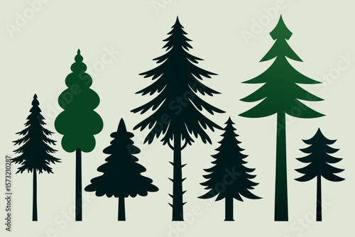 "Evergreen Tree Silhouette Vector Set – Forest Landscape with Pine, Fir, and Spruce Trees