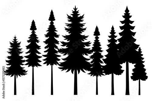 "Evergreen Tree Silhouette Vector Set – Forest Landscape with Pine, Fir, and Spruce Trees