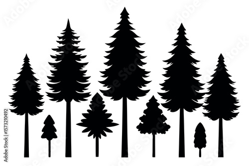 "Evergreen Tree Silhouette Vector Set – Forest Landscape with Pine, Fir, and Spruce Trees