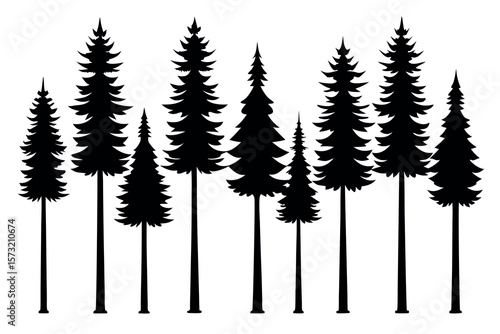 "Evergreen Tree Silhouette Vector Set – Forest Landscape with Pine, Fir, and Spruce Trees