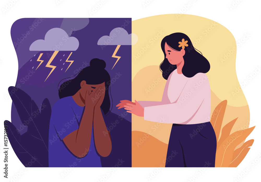 Obraz premium One individual provides empathetic assistance to another person struggling with sadness and difficult emotions, illustrating mental health support and healing.