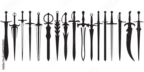 sword silhouette vector pack with 15 unique medieval and fantasy blade icons for digital art