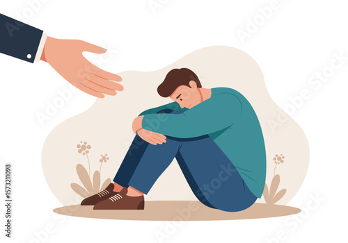 An illustrative depiction of a sad man sitting alone, receiving a helping hand, symbolizing support and empathy for mental health issues.