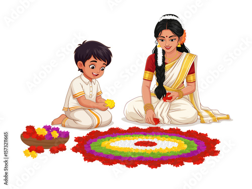 Happy Kerala Woman and Child Making Pookalam Flower Rangoli for Onam Festival Celebration Vector Illustration