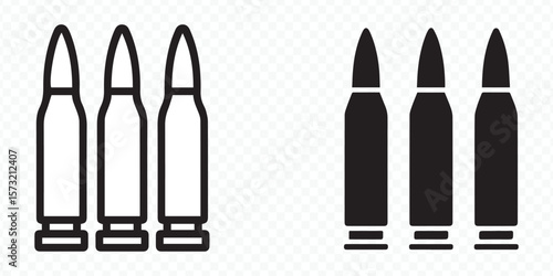 detailed bullet icon set with outline and silhouette styles for use in gun, ammo, military, law enforcement and warfare projects