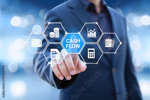 Cash flow management and financial growth concept. Businessman interacts with cash flow interface, investment, and business growth. transactions, budgeting, corporate strategy, money, income, profit,
