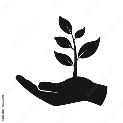 Hand holding growing plant silhouette for eco farming sustainability and green lifestyle
