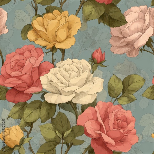 Colorful Floral Pattern with Roses in Soft Pastel Tones