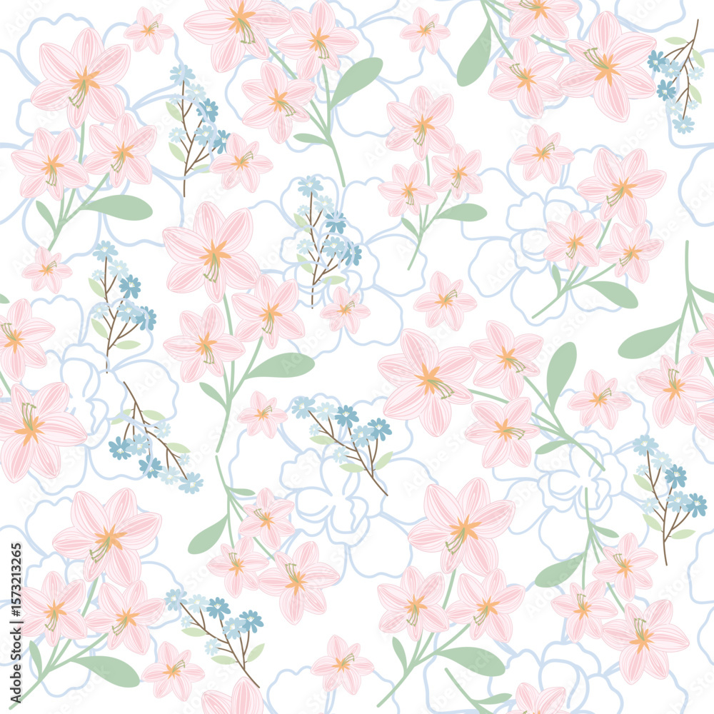 Fototapeta premium coquette seamless pink and blue flowers pattern. 
