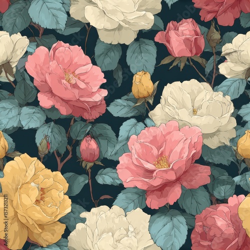 Elegant Floral Pattern with Roses and Leaves on Dark Background