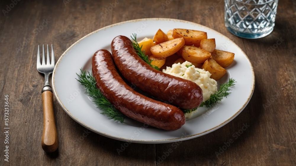 Delicious grilled sausages with roasted potatoes and creamy mashed potatoes on rustic table Delicious grilled sausages with roasted potatoes and creamy mashed potatoes on rustic table