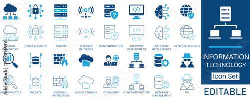 Information Technology icon set collection. Includes AI, cybersecurity, IoT, cloud computing, big data, encryption, server, analytics, IT manager and more.