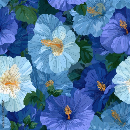 Vibrant Floral Pattern with Blue and White Hibiscus Flowers