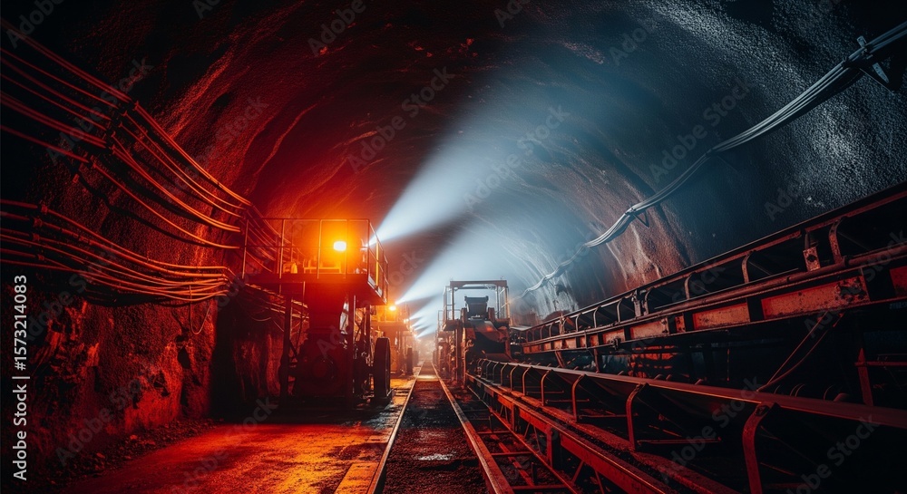 Fototapeta premium Copper Mine Tunnel: Industrial Lights, Conveyor Belts into Darkness
