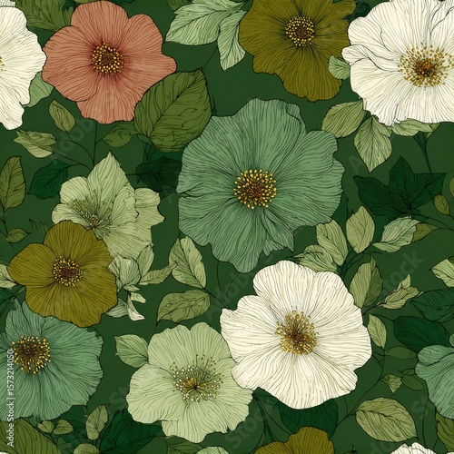 Vibrant Floral Pattern with Leaves and Diverse Flower Types