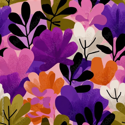 Colorful Floral Pattern with Vibrant Leaves and Blooms