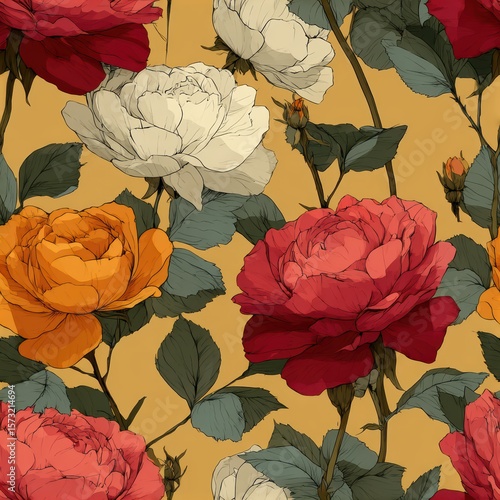 Floral Pattern with Colorful Roses and Green Leaves on Yellow Background