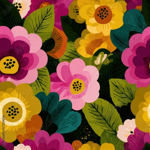 Vibrant Floral Pattern with Colorful Flowers and Lush Green Leaves
