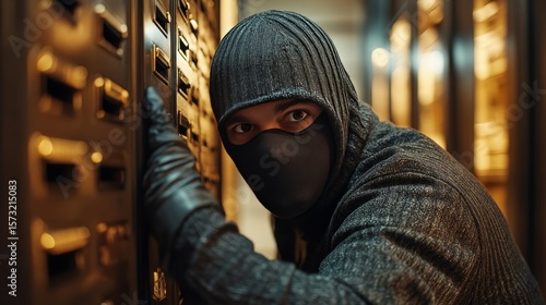 A masked individual dressed in black appears to be tampering with a row of mailboxes in a dimly lit corridor.
