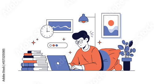 Young man focused on his laptop surrounded by books and study materials in a modern workspace illustration