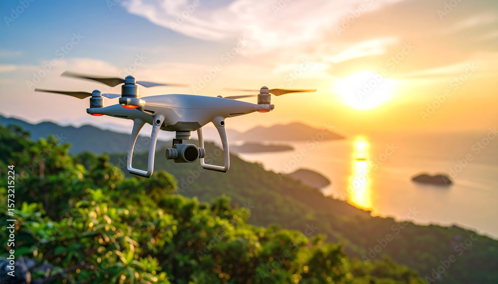 Fototapeta premium Drone flying over tropical island at sunset, capturing breathtaking aerial footage