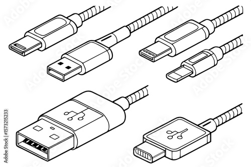 "Set of black-and-white line illustrations of common USB connectors. Includes labeled side-view drawings of Lightning, USB-C, Micro USB, Mini USB, and USB-A. All connectors are shown in the same scale