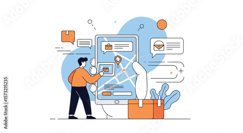Modern Digital Illustration of a Person Using a Mobile Application for Package Tracking and Delivery Services