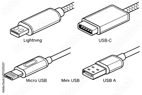"Set of black-and-white line illustrations of common USB connectors. Includes labeled side-view drawings of Lightning, USB-C, Micro USB, Mini USB, and USB-A. All connectors are shown in the same scale