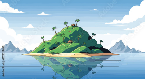 A small tropical island paradise surrounded by calm reflective ocean waters under a bright blue sky with fluffy clouds