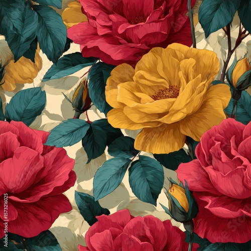 Vibrant Floral Pattern With Red and Yellow Roses and Green Leaves