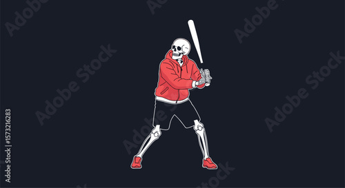 Creative Skeleton Baseball Player Swinging Bat Athletic Action Pose Ready to Hit Ball Energetic Game Performance Outdoor Sport Hobby Fun
