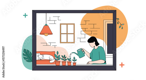 Enjoying a Quiet Moment Watering Houseplants Indoors on a Bright Day