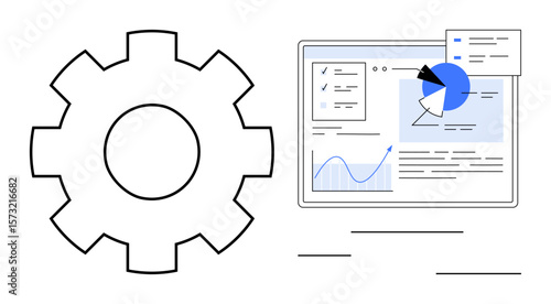Gear icon paired with a data dashboard featuring charts, graphs, and reports. Ideal for data analytics, workflow management, system optimization, tech solutions, business intelligence, digital tools