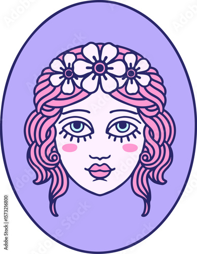 tattoo in traditional style of a maiden with flowers in her hair in bright neon color