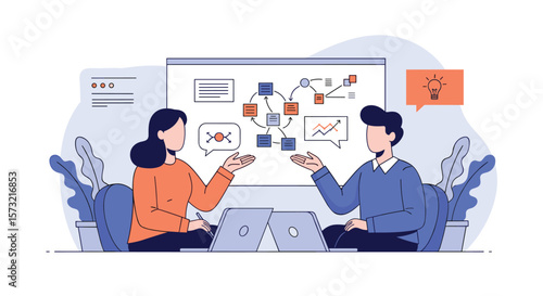 Business Strategy Meeting Analyzing Project Flowchart and Decision Making Process for Team Collaboration