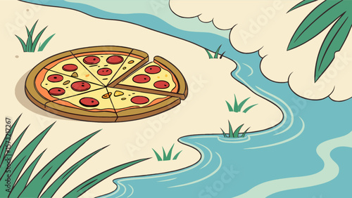 Delicious pepperoni pizza on beach with tropical plants and river illustration for food lovers and picnic