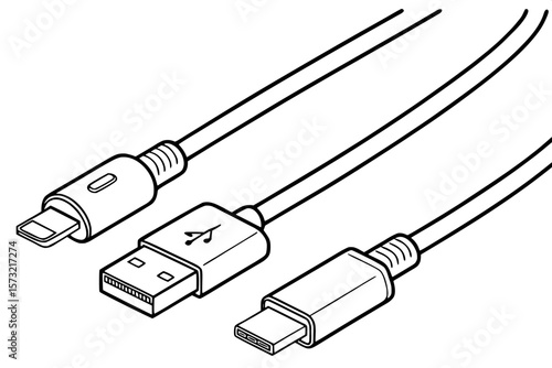 "Schematic diagram of modern data and charging connectors. The image features simple line art representations of Lightning, USB Type-C, USB Micro B, USB Mini B, and USB Type A. The drawing is done in 