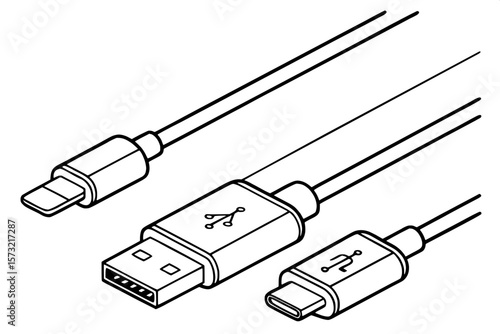 "Schematic diagram of modern data and charging connectors. The image features simple line art representations of Lightning, USB Type-C, USB Micro B, USB Mini B, and USB Type A. The drawing is done in 
