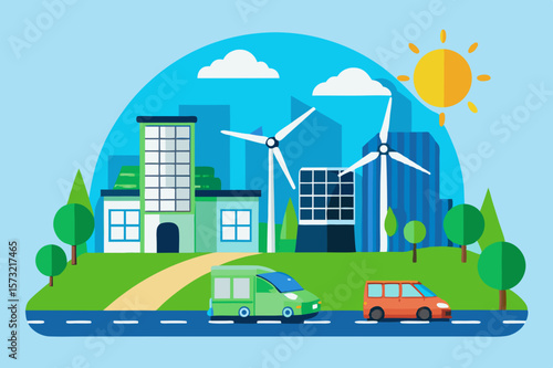 Green city with renewable energy sources solar panels wind turbines