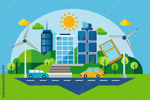 Renewable energy city with wind turbines and solar panels buildings