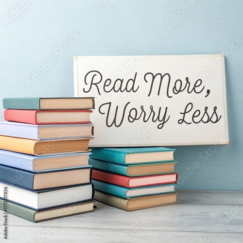 Stacks of Books with Inspiring Message on Whiteboard Read More Worry Less