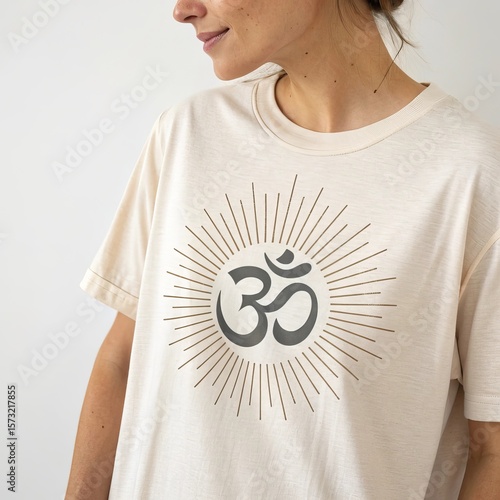 Woman Wearing a Beige T Shirt with an Om Symbol and Sunburst Design