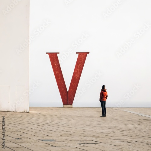 Woman in Orange Jacket Stands Before a Large Red Letter V Sculpture