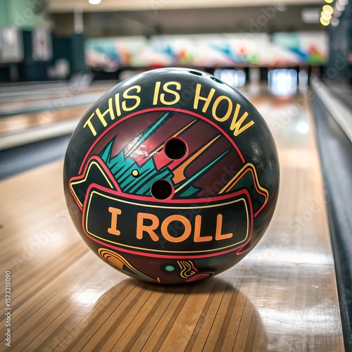 Bowling Ball with This Is How I Roll Design on Bowling Lane