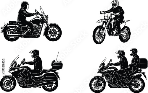 Motorcycle Riders Silhouettes, Various Bike Styles: Cruiser, Dirt Bike, Touring, and Two-Up Riding, Adventure Travel, Road Trip, Biker Lifestyle, Vector Art.