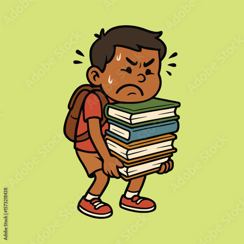 overloaded student boy with books