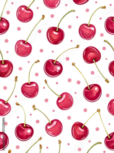 Watercolor Seamless Repeating pattern of vibrant red cherries with green stems and pink polka dots Background for Notebook Cover Textile Clothes Print.