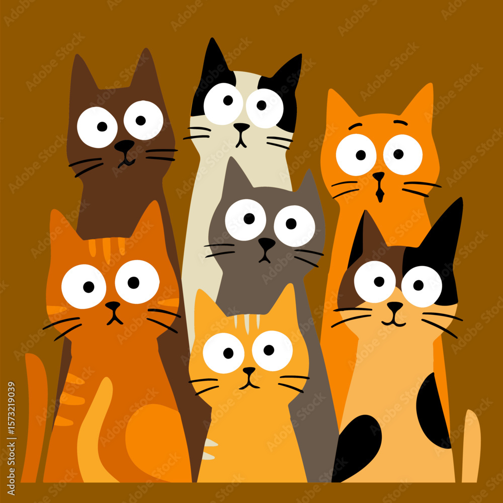 Fototapeta premium 3D Shadow Box, 11 layers, group of surprised cartoon cats with big round eyes