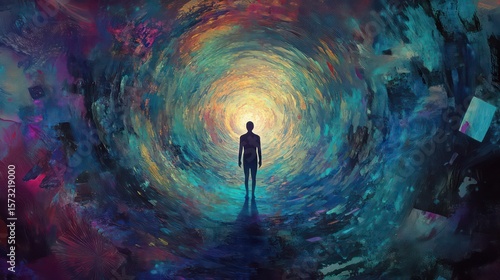 Silhouette stands before swirling vortex of color, light, and texture