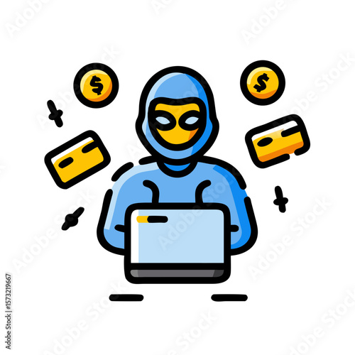  Cartoon Cybercriminal Holding Stolen Credit Cards Amid Floating Coins Online Fraud & Digital Theft Concept, Generative AI
